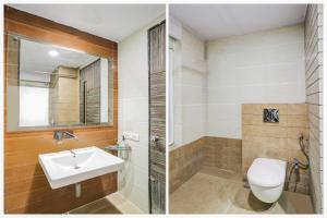 two pictures of a bathroom with a toilet and a sink at Hotel O Kranti Square Aurangabad in Aurangabad