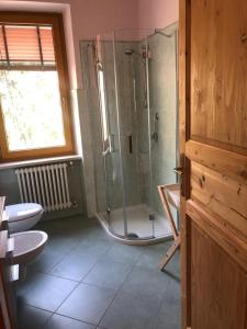 une salle de bain avec une douche avec une porte vitrée dans l'établissement Chiaro di Luna Tignale, à Tignale