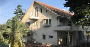 a white house with a balcony and a palm tree at ビーチキャッスルマイウェイ in Shimoda