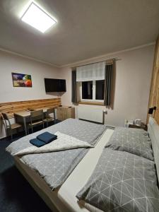 a room with two beds and a table and a television at Hotel Park in Ostružná +10 photos