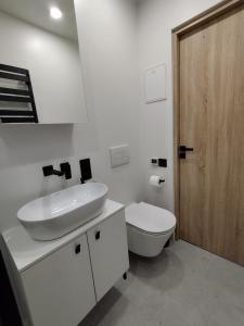 リエパーヤにあるCourtyard Condo Summer Breezeの洗面台とトイレを備えた白いバスルーム +8枚の写真