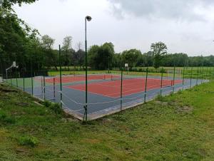 a tennis court with a net on a field at Domek nad Wierną Rzeką in Bocheniec