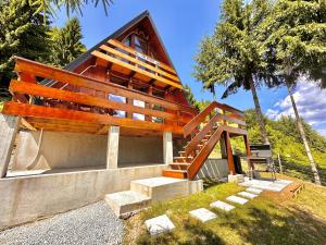 a house with a wooden roof and stairs in a yard at Lake Retreat Colibita in Colibiţa