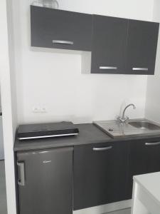 a kitchen with black cabinets and a sink at studio meublé wifi à proximité du tram in Castelnau-le-Lez