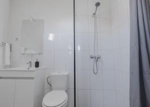 ein weißes Badezimmer mit Dusche und Toilette in der Unterkunft House Dinavast Bungalow in São João da Pesqueira + 17 Fotos