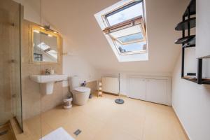 baño con lavabo, aseo y tragaluz en Cluj Napoca Apartments, en Cluj-Napoca