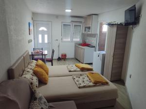 a living room with two beds and a kitchen at APARTMANI MARIJA in Čanj