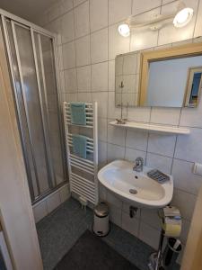 a bathroom with a sink and a shower and a mirror at Gästehaus Kleisner in Innsbruck +9 photos