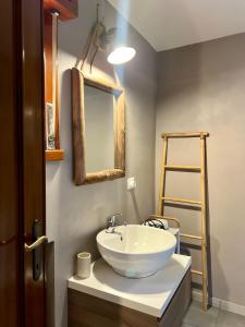 een badkamer met een witte wastafel en een ladder bij La Mansardina in Parma