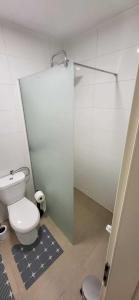 a bathroom with a toilet and a glass shower stall at Pension Wolf in Gersdorf +17 photos