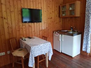una cucina con tavolo e TV a parete di Steinschalerhof a Warth