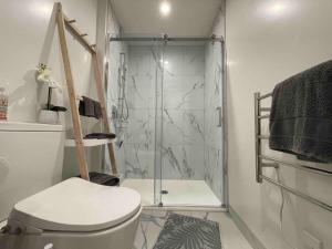 a bathroom with a toilet and a glass shower at Beautiful Hagley Park view apartment in CBD in Christchurch +40 photos