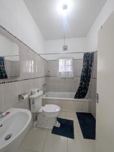 a bathroom with a toilet and a tub and a sink at TwentyFive at Tower Isle in Tower Isle