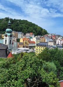 Blick auf eine Stadt mit einem Uhrturm in der Unterkunft Apartmán V Srdci Varů in Karlsbad + 12 Fotos