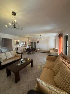 een grote woonkamer met banken en een tafel bij The Dream Hotel in Tragaki