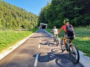 a man and a child riding bikes down a road at Bungalow Camp Velenje in Velenje