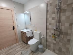 a bathroom with a toilet and a sink and a shower at Sella Rooms in Arriondas +36 photos