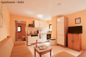 Una sala de estar con un sofá y una cocina. en Villa Vici - Ferienwohnungen, en Merschbach