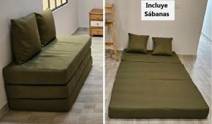 two pictures of a couch in a living room at Apartaestudio tipo Loft tranquilo cerca al Parque in Armenia