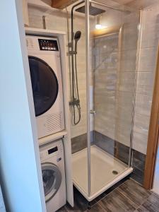 a shower stall with a washing machine and a microwave at apartman "Dora" in Rogoznica +11 photos