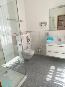 a bathroom with a toilet and a glass shower at Hotel Bernkasteler Hof in Bernkastel-Kues