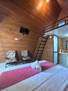 a bedroom with a bed with a tv and two chairs at Greenwin Cabana Resort in Anuradhapura
