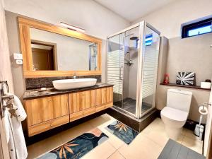 Un baño con lavabo, ducha e inodoro. en 2 Bedroom Flat, en Rivière Noire
