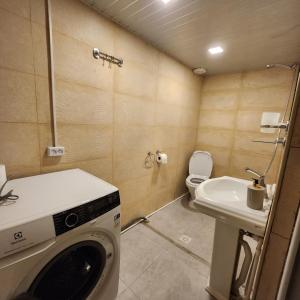 a bathroom with a washing machine and a sink at Hotel Nike in Tsalka +17 photos