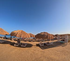 a group of chairs and straw umbrellas on a beach at Avenuo apartment in Hurghada