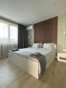 a bedroom with a large bed and a large window at Courtyard Villa, Aleksandrovo in Aleksandrovo