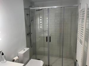 Un baño con ducha de cristal con inodoro. en Loft Caleros La ranita Salmantina, en Salamanca 28 fotos más