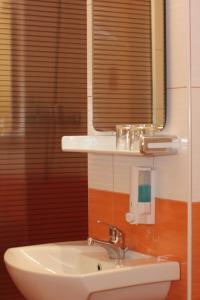 a bathroom with a sink and a mirror at Pensiunea Maria , Floresti in Floreşti