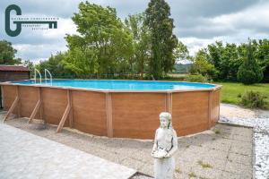 a swimming pool in a yard with a statue next to it at Séjour détente avec spa, piscine et sauna in Mas-Saintes-Puelles