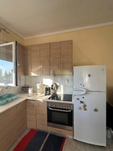 a kitchen with a white refrigerator and wooden cabinets at Yucca house in Elani