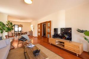 a living room with a large flat screen tv at Wave Song Villa in Santo Isidoro