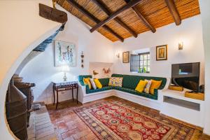 ein Wohnzimmer mit einem grünen Sofa und einem Fernseher in der Unterkunft Villa Alice by Algarve Vacation in Albufeira