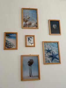 a wall with framed pictures on a wall at Aligna Bamburi in Mombasa