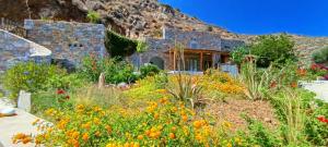 a garden with flowers in front of a house at Aliori art caves in Aegiali