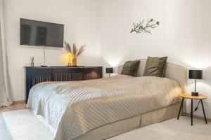 a bedroom with a bed and a flat screen tv at Ankerplatz 2 - Hafenblick, Parkplatz, modern in Bad Zwischenahn