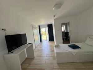 a white living room with a tv and a couch at Pensiunea La Miluta in Caraorman +37 photos