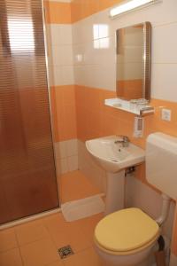 a bathroom with a toilet and a sink and a shower at Pensiunea Maria , Floresti in Floreşti