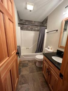 a bathroom with a toilet and a tub and a sink at Summit Haus Golf and Liftside Penthouse in Carrabassett +25 photos