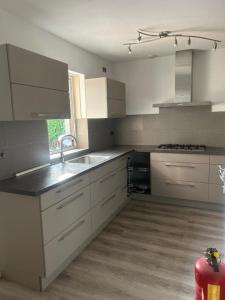 ザルトボメルにあるVakantievilla De Ketelの白いキャビネットとシンクのあるキッチン