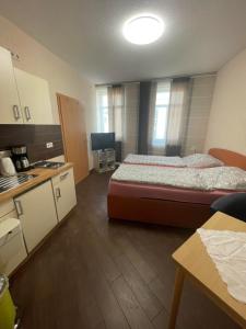 a small room with a bed and a kitchen at Ferienwohnung Bongartz in Einbeck