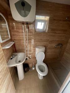 a small bathroom with a toilet and a sink at Casa Hax Mangalia in Mangalia