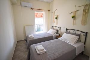 two beds in a room with a window at Denaxas Apartments in Elia Laconias