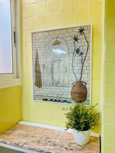 a bathroom with a tile wall with a potted plant at Mariola Vista Mar in Ifach +23 photos