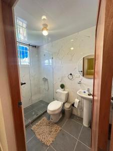 a bathroom with a toilet and a shower and a sink at Vista Azul Boca Chica Accommodation in El Higo +14 photos