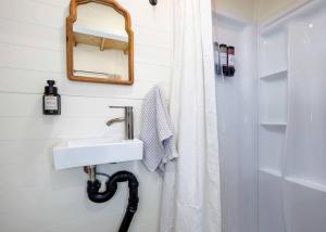 Un baño con lavabo y ducha en Relaxing Tree House in Sequim, Washington, Perfect for a Glamping Getaway to Olympic National Park, en Sequim