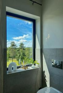 a bathroom with a window with a sink and a toilet at Architect-Designed House With Meadow Views in Vårgårda +32 photos